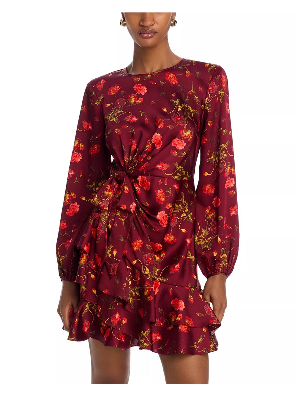 Cinq à Sept Alice Floral Ruffled Long Sleeve Mini Dress Rhubarb Red Size 4